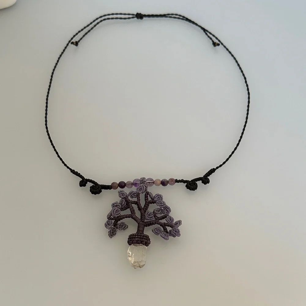 Jade white amethyst Purple art made Tree of Life Necklace made in france